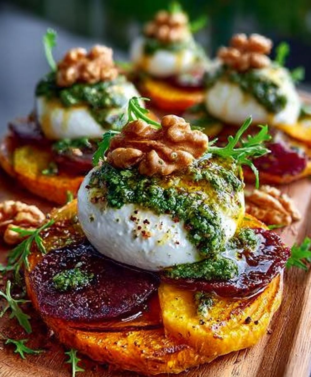 Caramelized Sweet Potato Rounds with Burrata and Walnut Pesto image 2